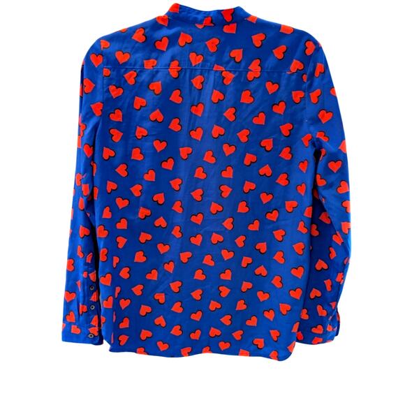 Gap Blue Red Heart Print Button Down Shirt XS Long Sleeve Recycled Polyester Top - Picture 2 of 7